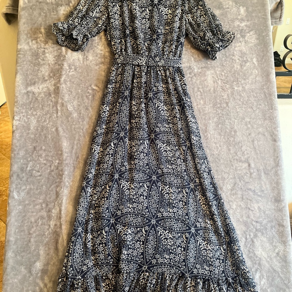 White and Blue Ruffled Smocked Sundress